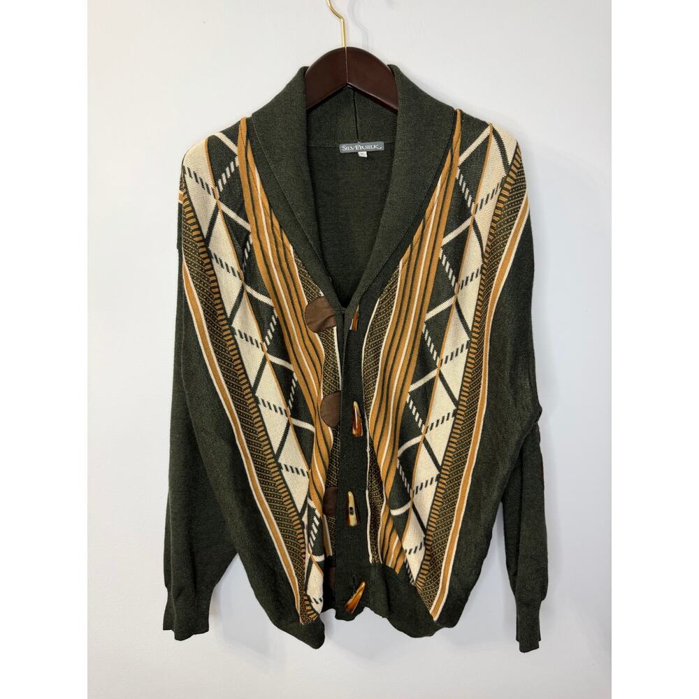 Silversilk Mens Sweater Cardigan 3D Knit Geo Toggle Button Grandpa VTG Green XL